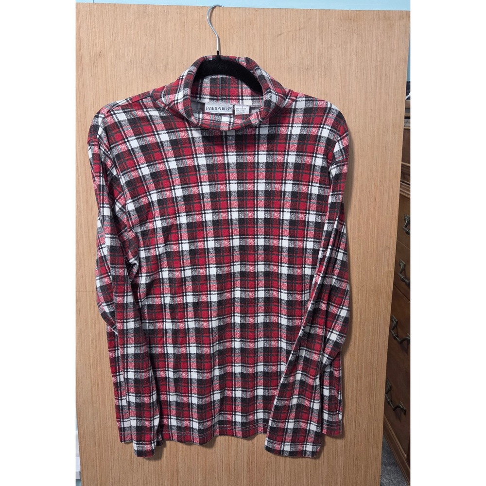 Fashion Bug Size L Women's Plaid Turtleneck Top Long Sleeve Red Black White